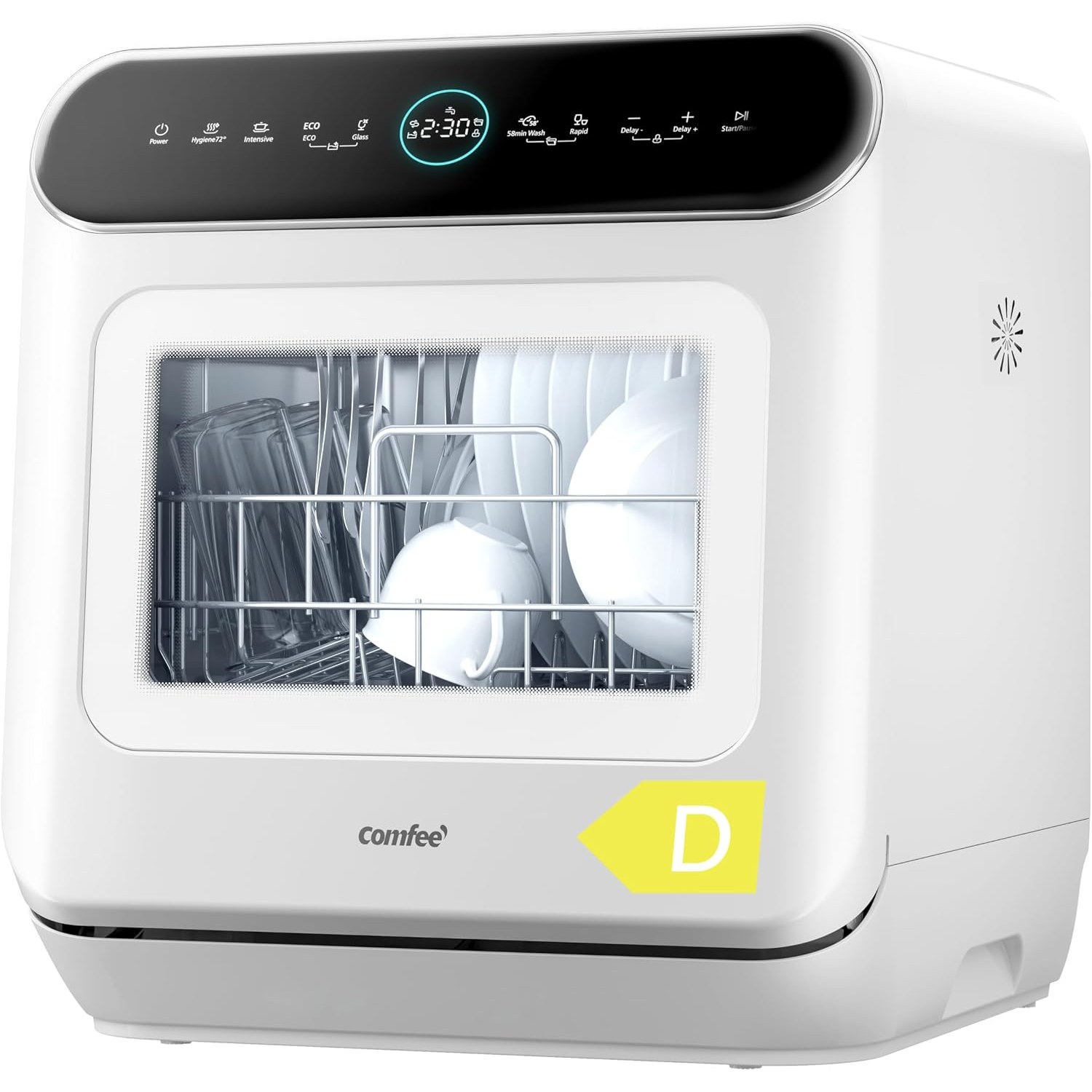 COMFEE' tabletop dishwasher shown from the front on a kitchen worktop