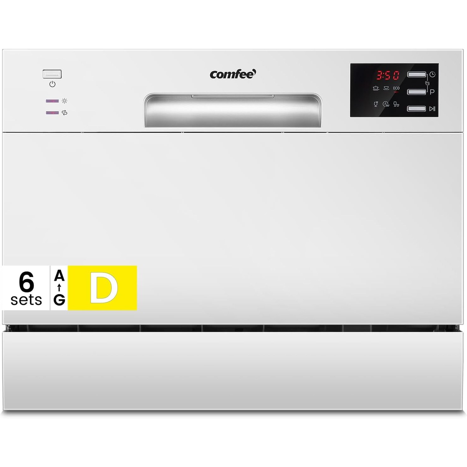 COMFEE' tabletop dishwasher shown from the front on a kitchen worktop
