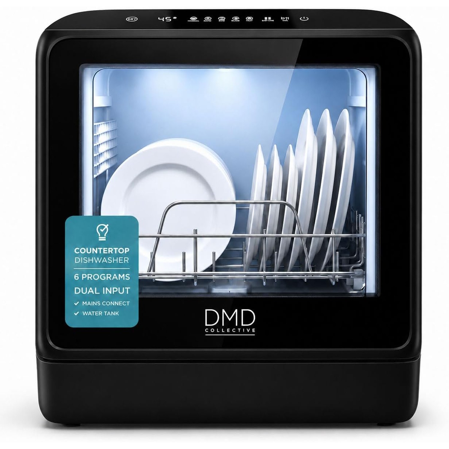 DMD Collective tabletop dishwasher shown from the front on a kitchen worktop