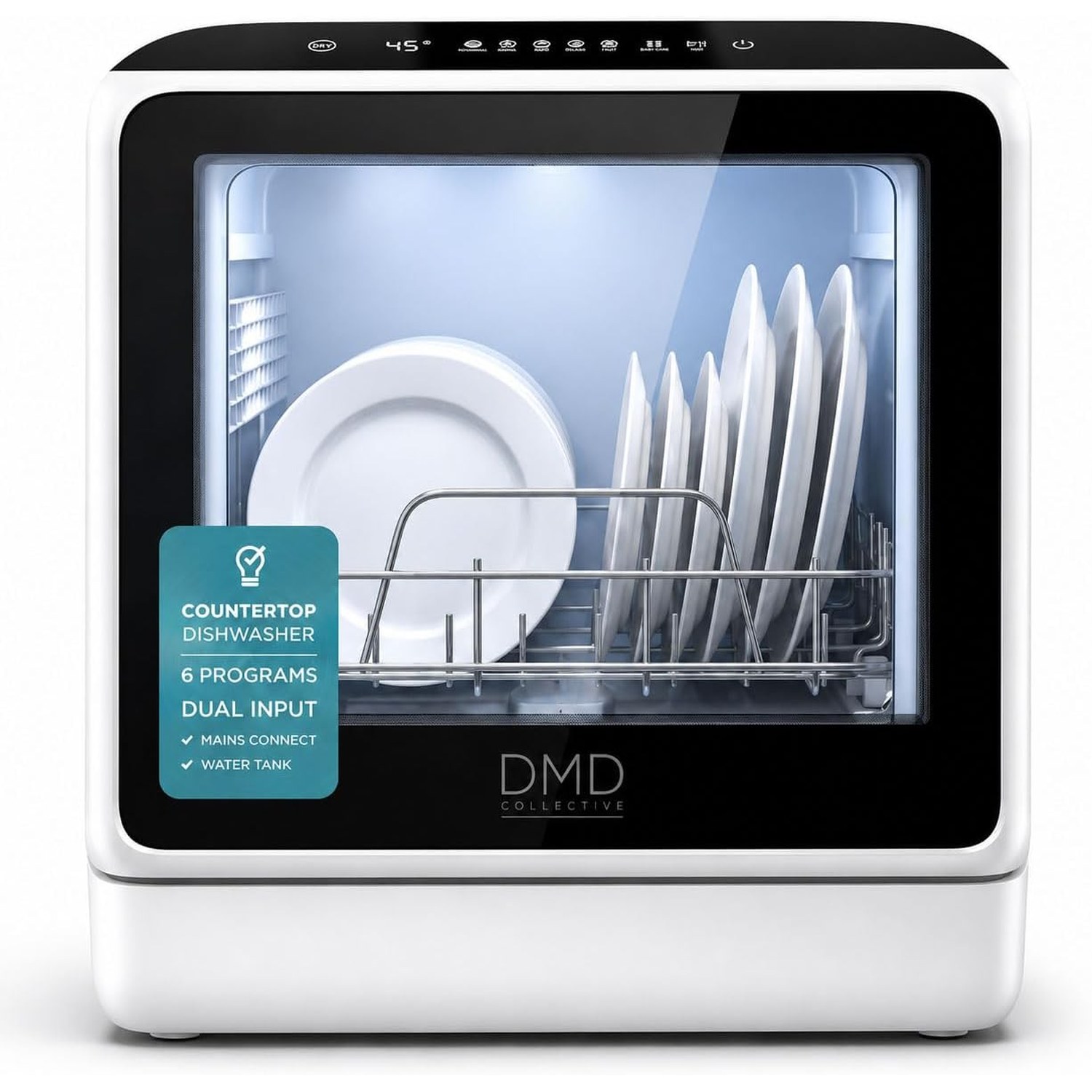 DMD Collective tabletop dishwasher shown from the front on a kitchen worktop