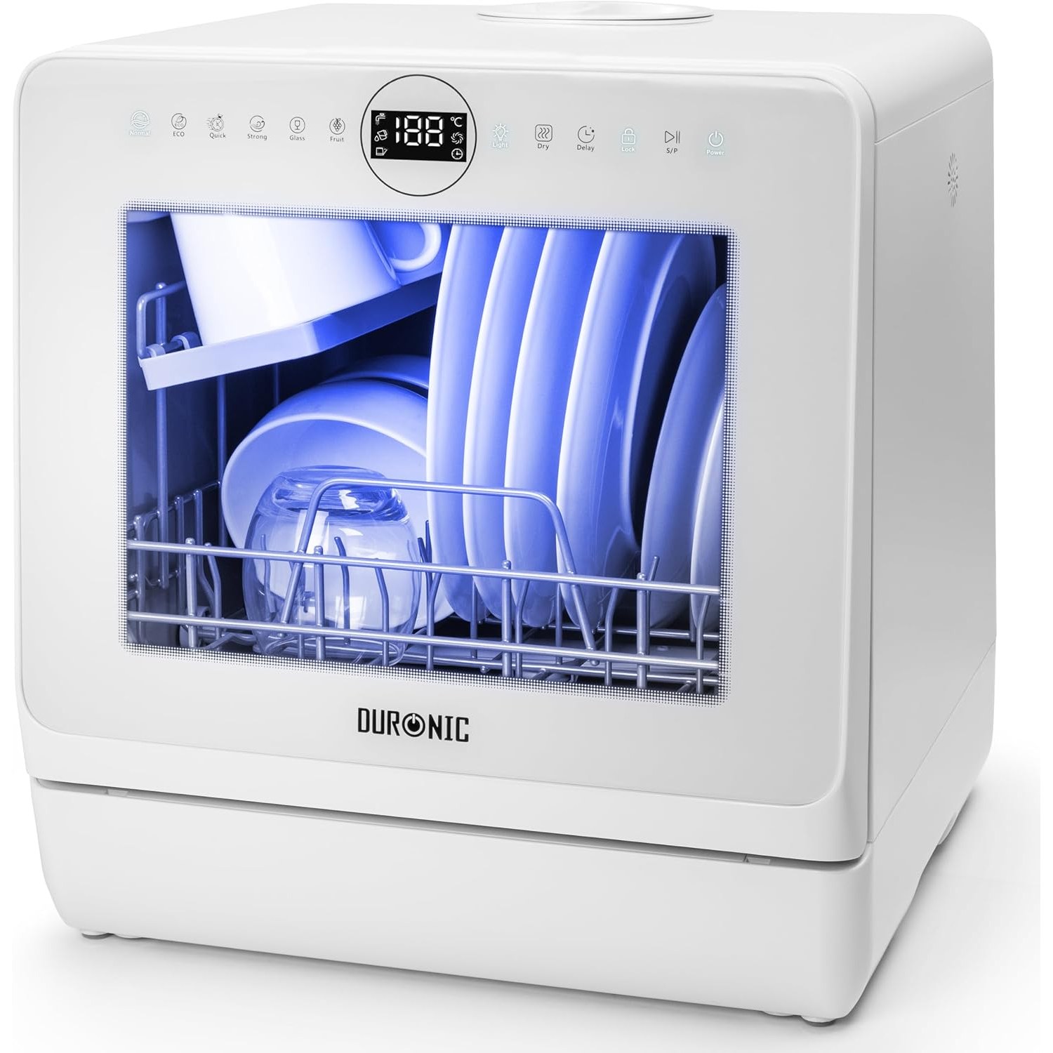 Duronic tabletop dishwasher shown from the front on a kitchen worktop
