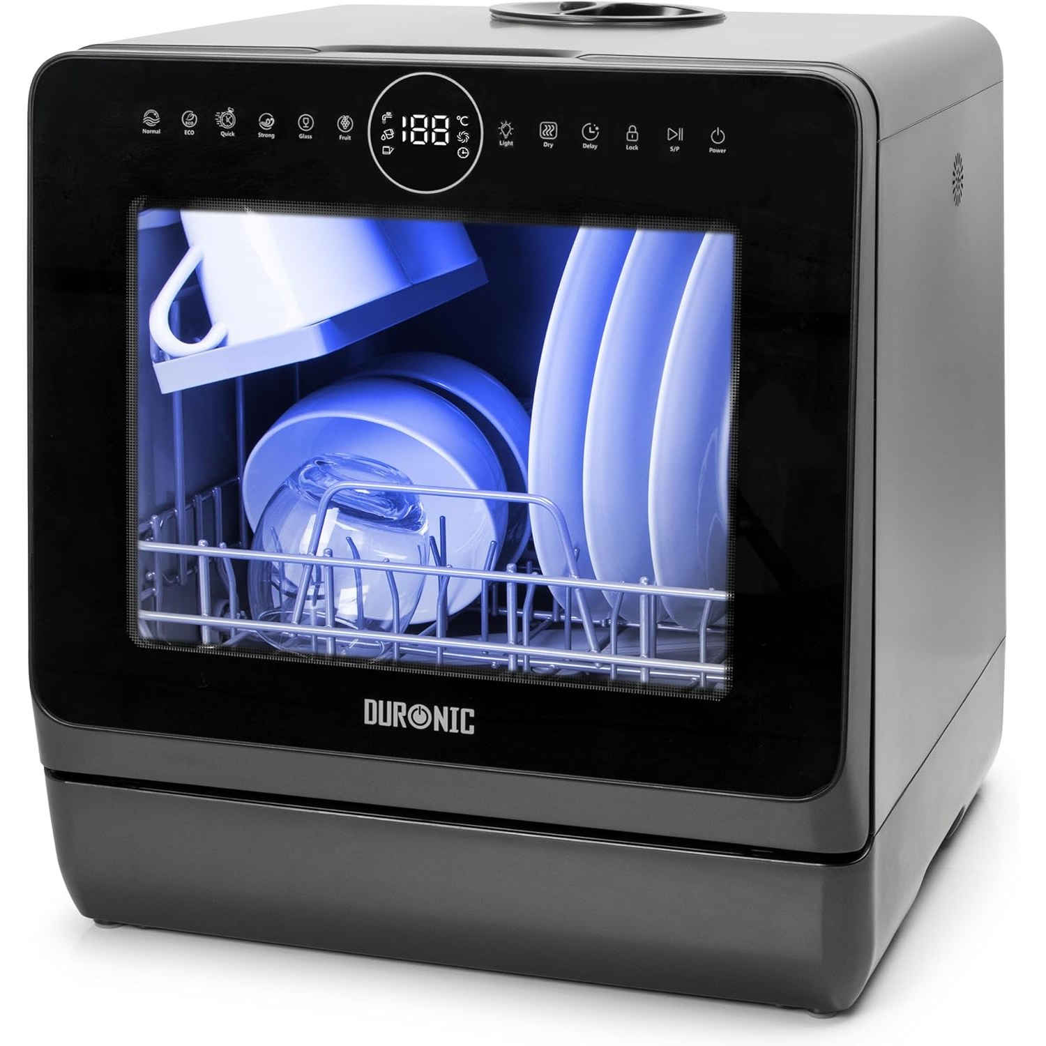 Duronic tabletop dishwasher shown from the front on a kitchen worktop