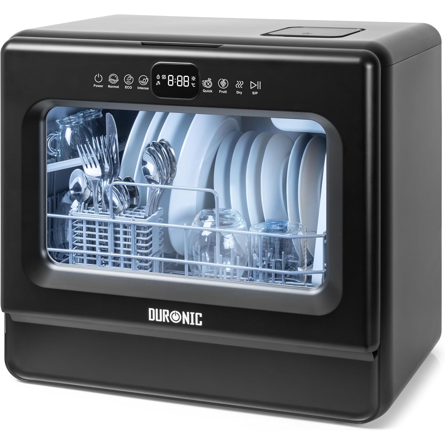 Duronic tabletop dishwasher shown from the front on a kitchen worktop