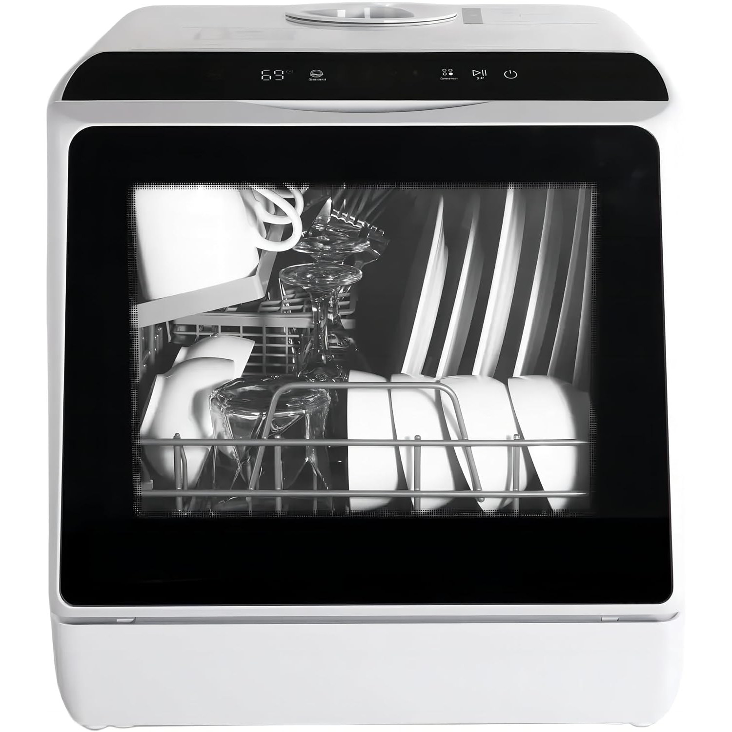 eklipt tabletop dishwasher shown from the front on a kitchen worktop