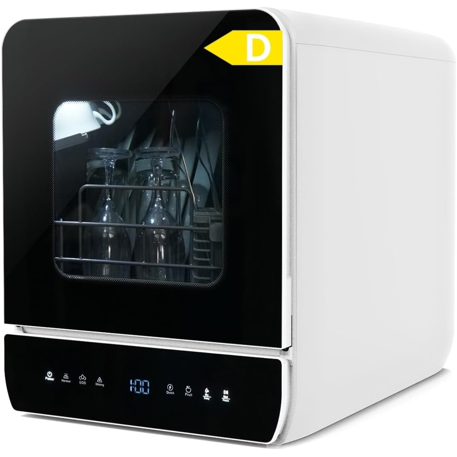 eklipt tabletop dishwasher shown from the front on a kitchen worktop