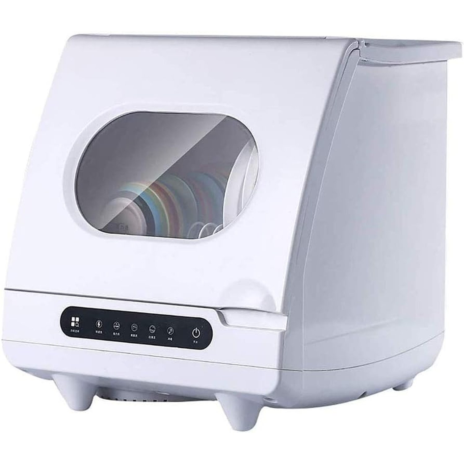 Generic tabletop dishwasher shown from the front on a kitchen worktop