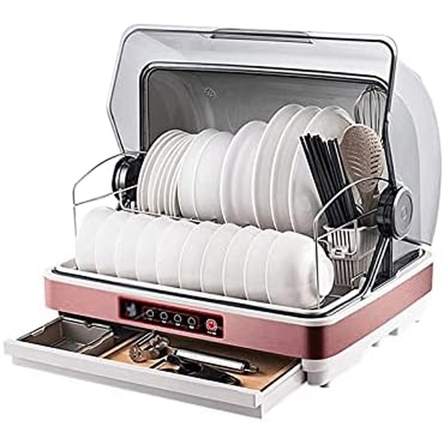 Generic tabletop dishwasher shown from the front on a kitchen worktop