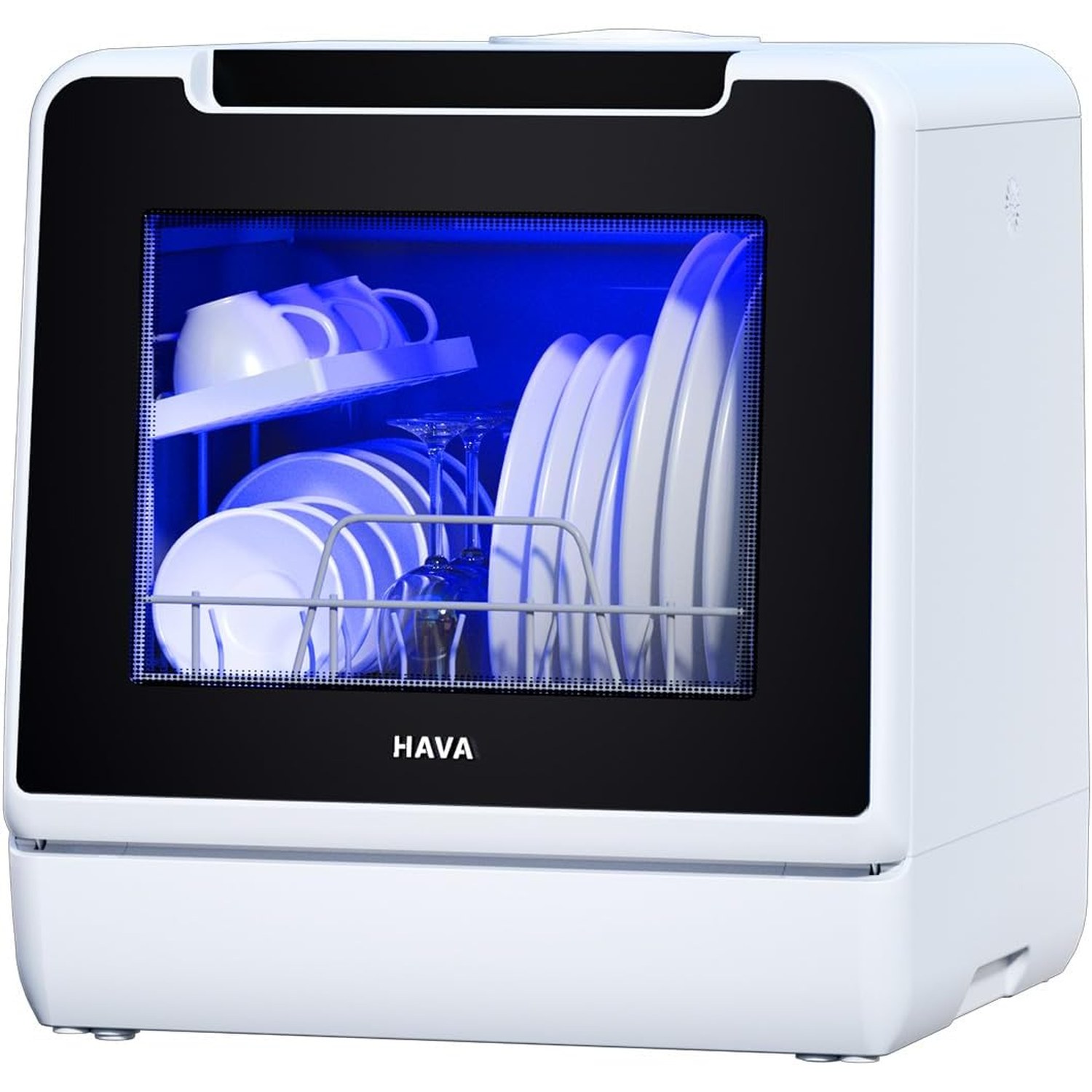 HAVA tabletop dishwasher shown from the front on a kitchen worktop
