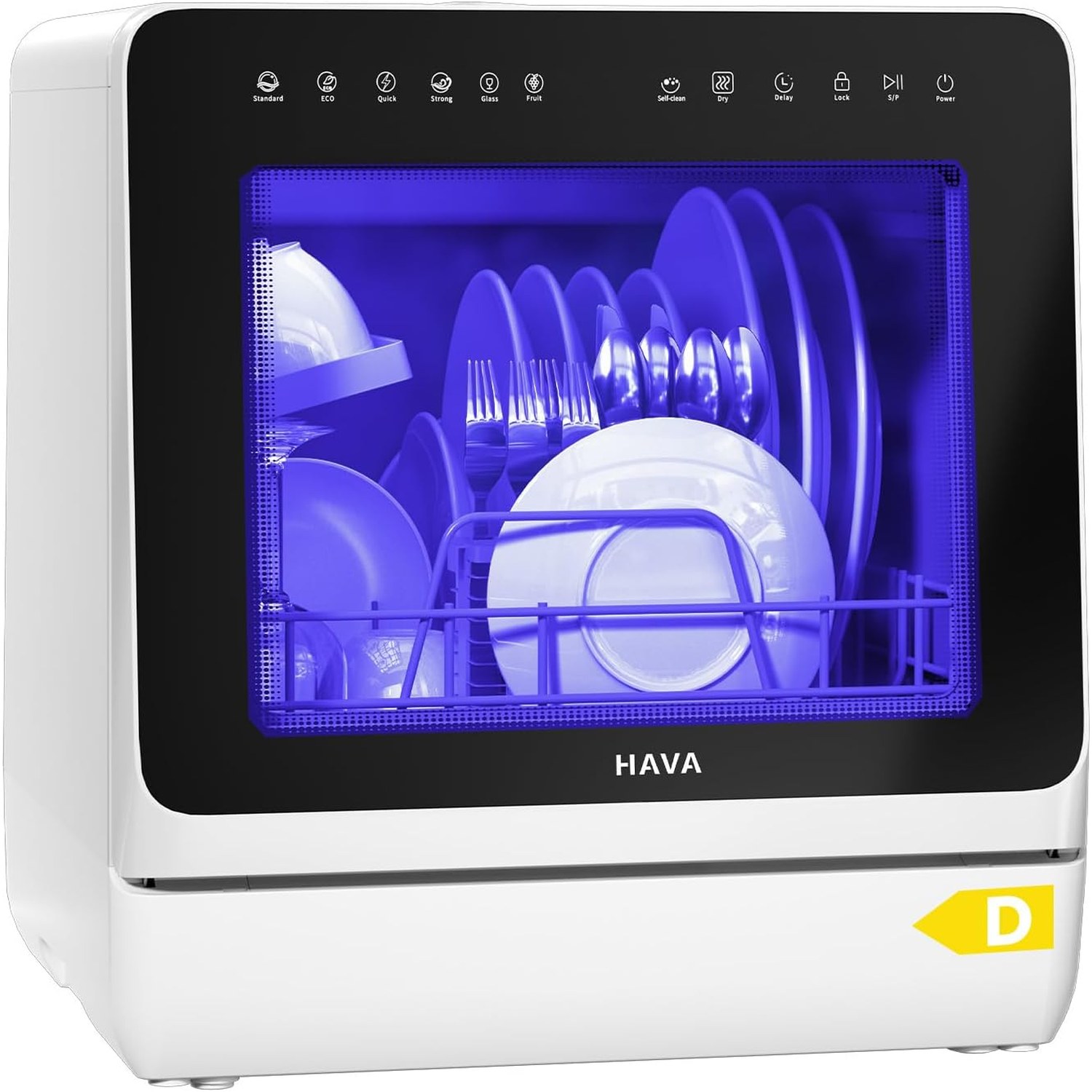 HAVA tabletop dishwasher shown from the front on a kitchen worktop