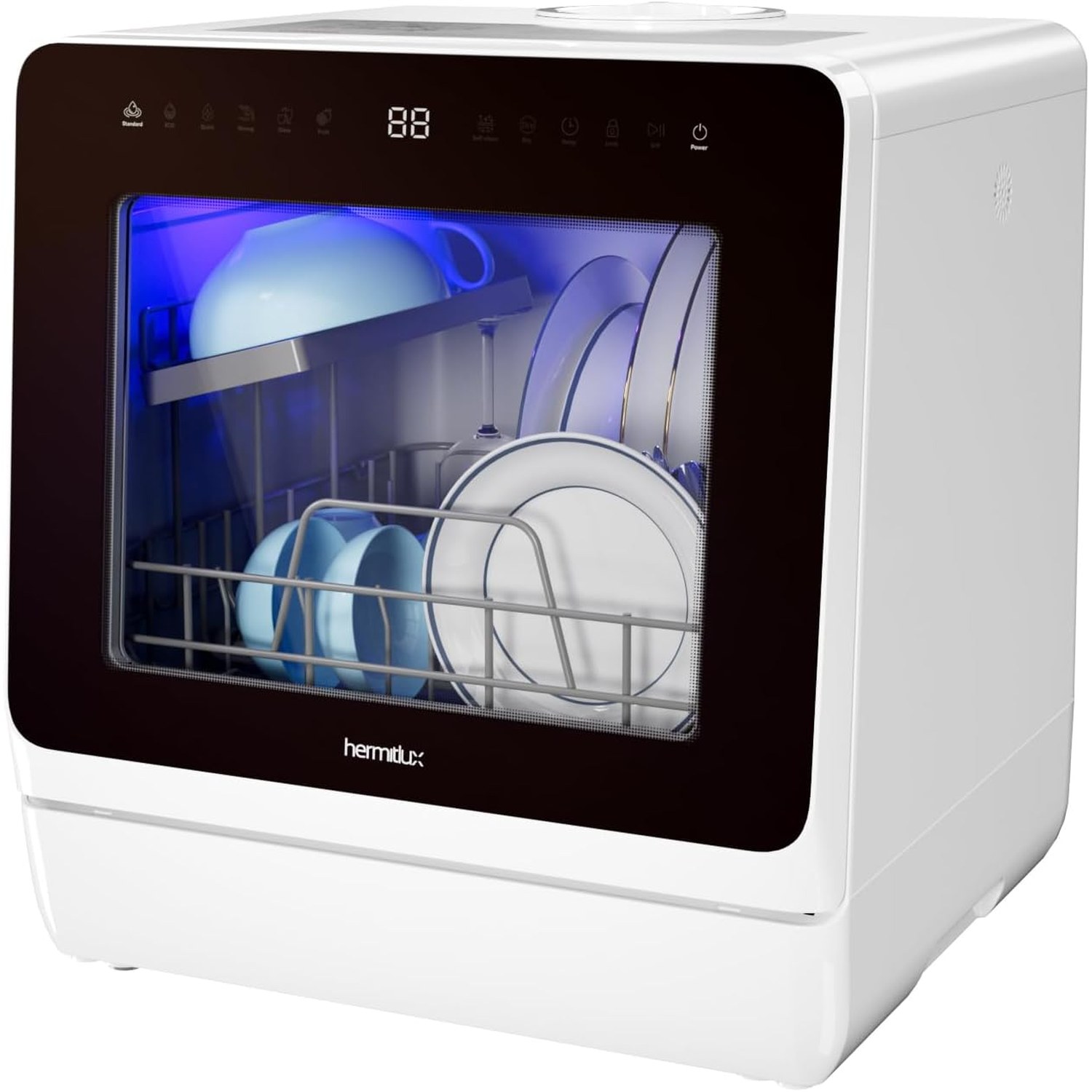 Hermitlux tabletop dishwasher shown from the front on a kitchen worktop
