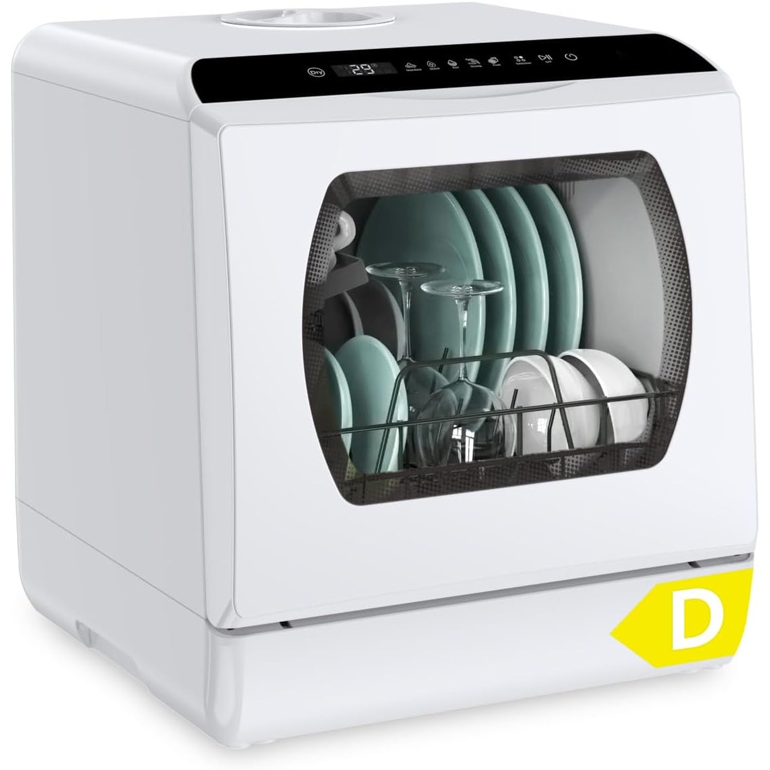 Hermitlux tabletop dishwasher shown from the front on a kitchen worktop