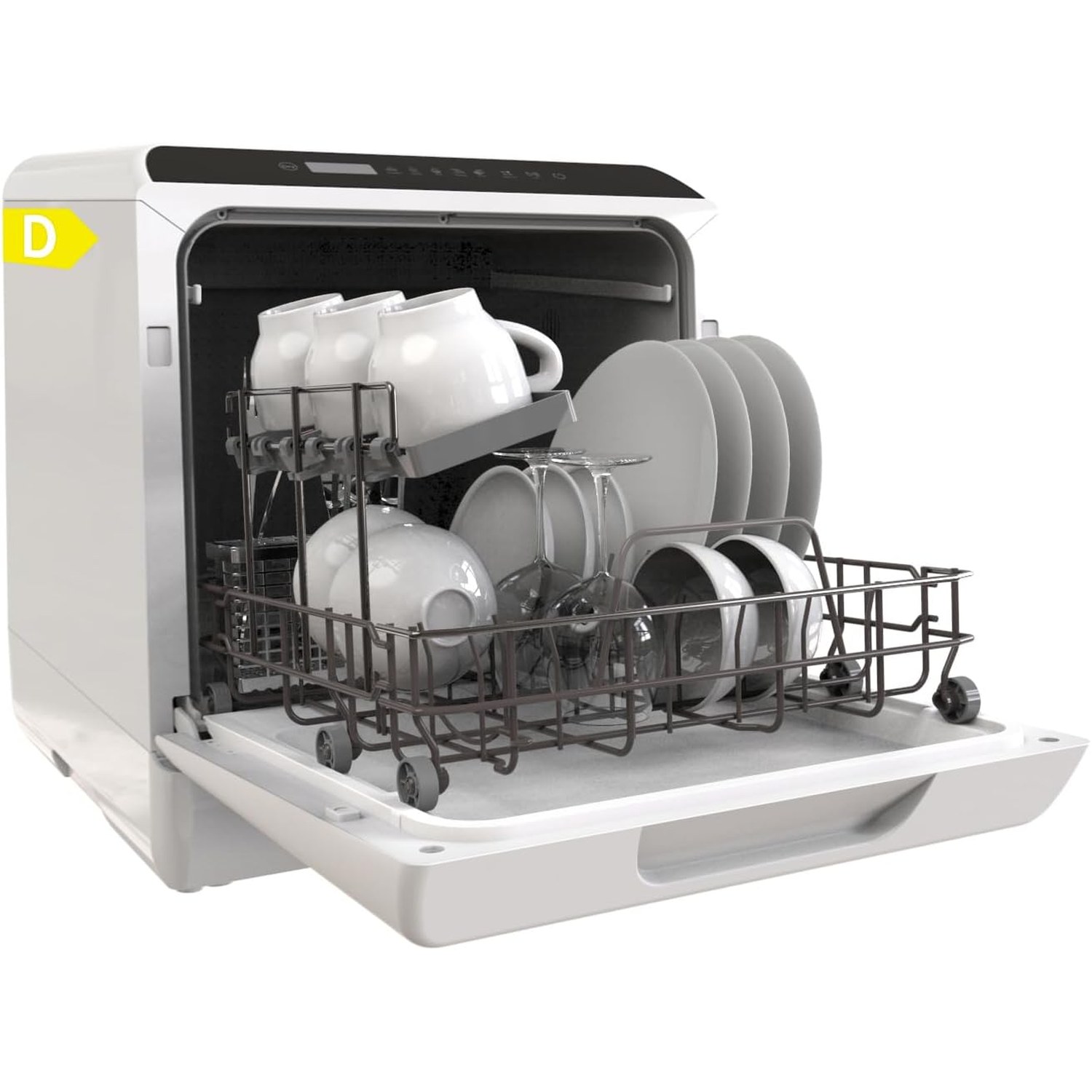 Hermitlux tabletop dishwasher shown from the front on a kitchen worktop