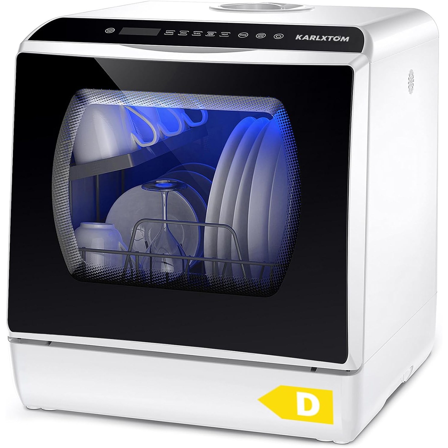 Karlxtom tabletop dishwasher shown from the front on a kitchen worktop