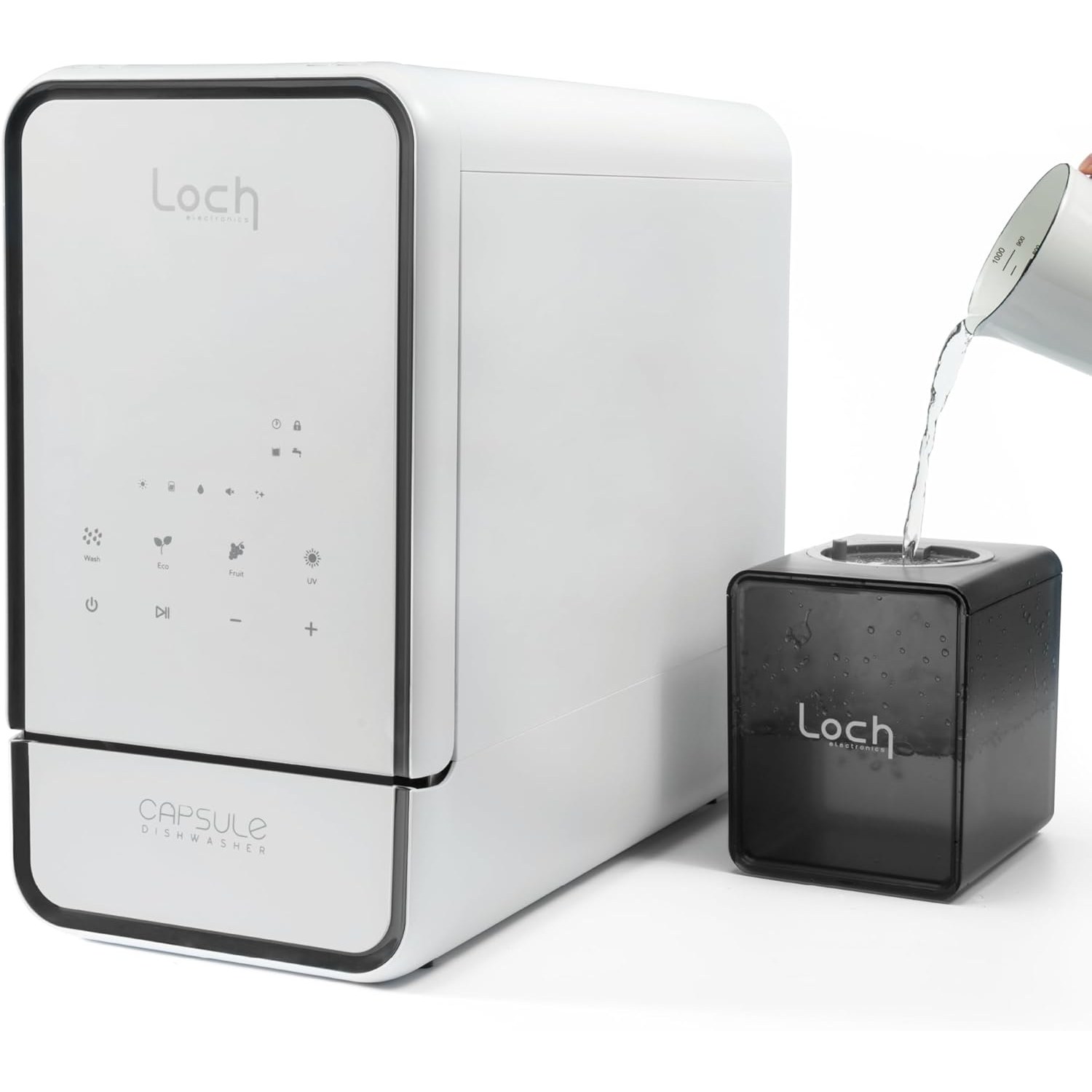 Loch Electronics tabletop dishwasher shown from the front on a kitchen worktop