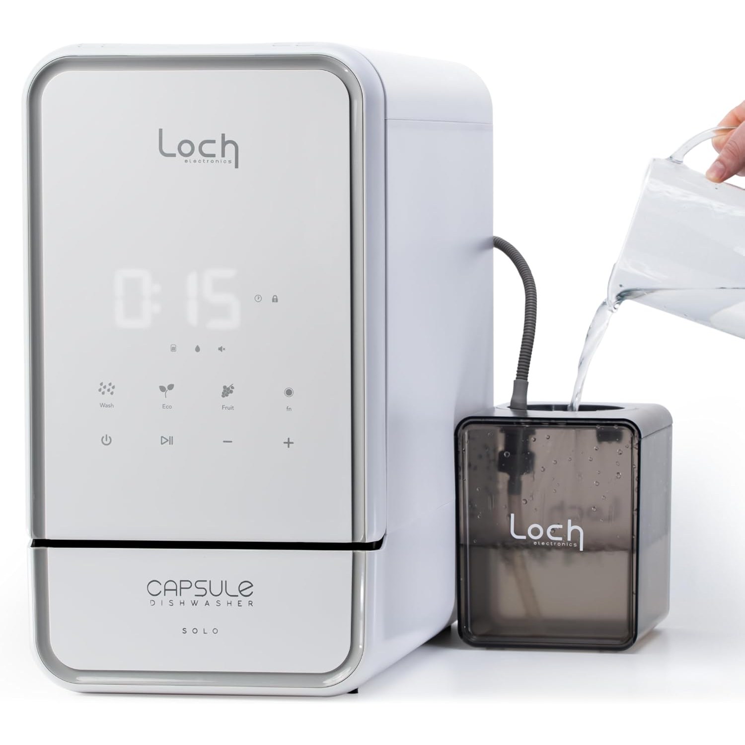 Loch Electronics tabletop dishwasher shown from the front on a kitchen worktop