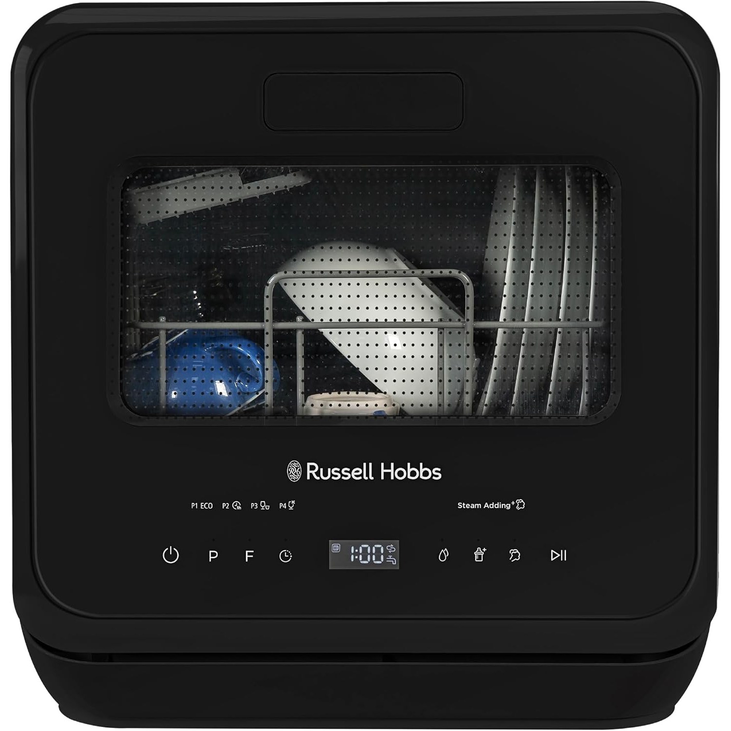 Russell Hobbs tabletop dishwasher shown from the front on a kitchen worktop