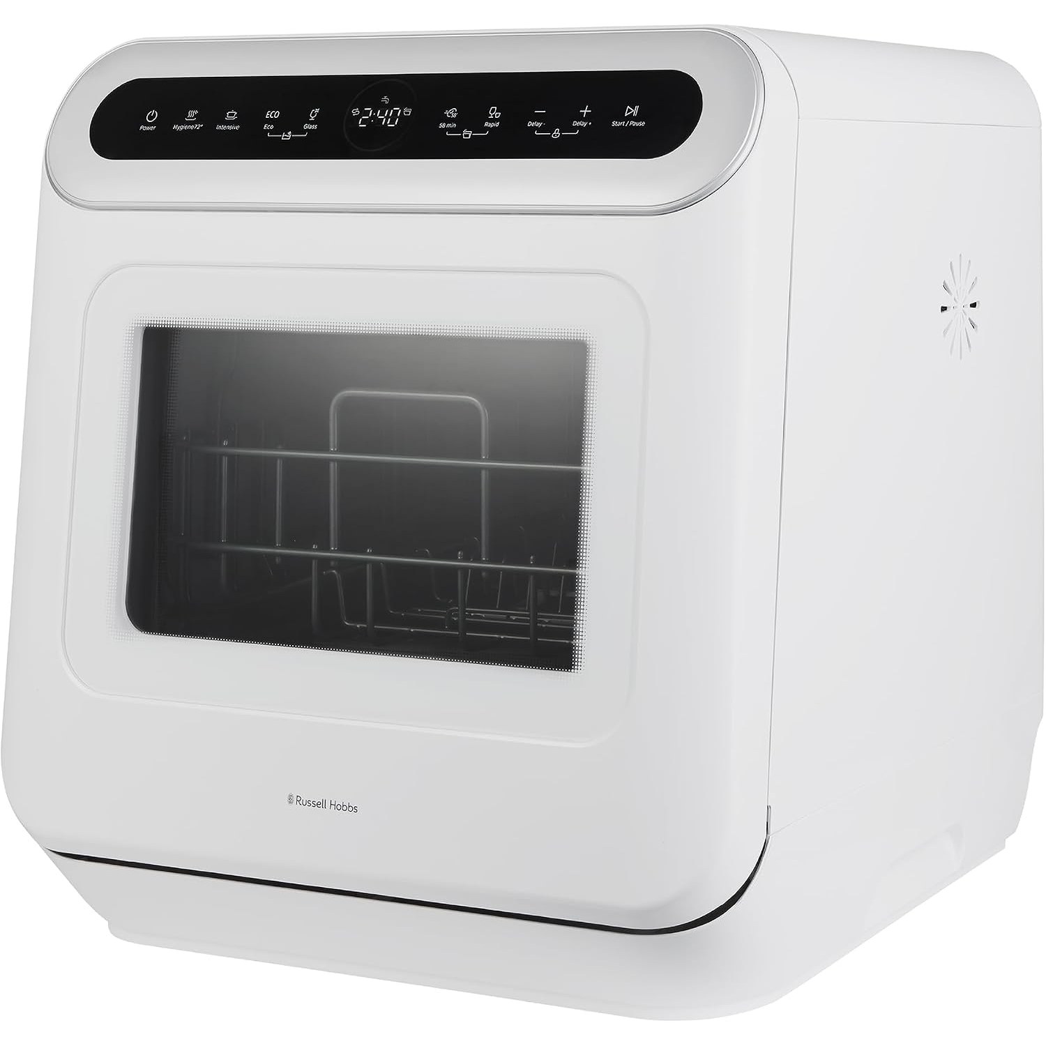 Russell Hobbs tabletop dishwasher shown from the front on a kitchen worktop