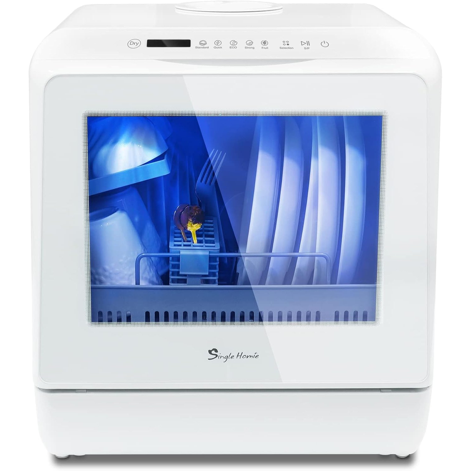 singlehomie tabletop dishwasher shown from the front on a kitchen worktop